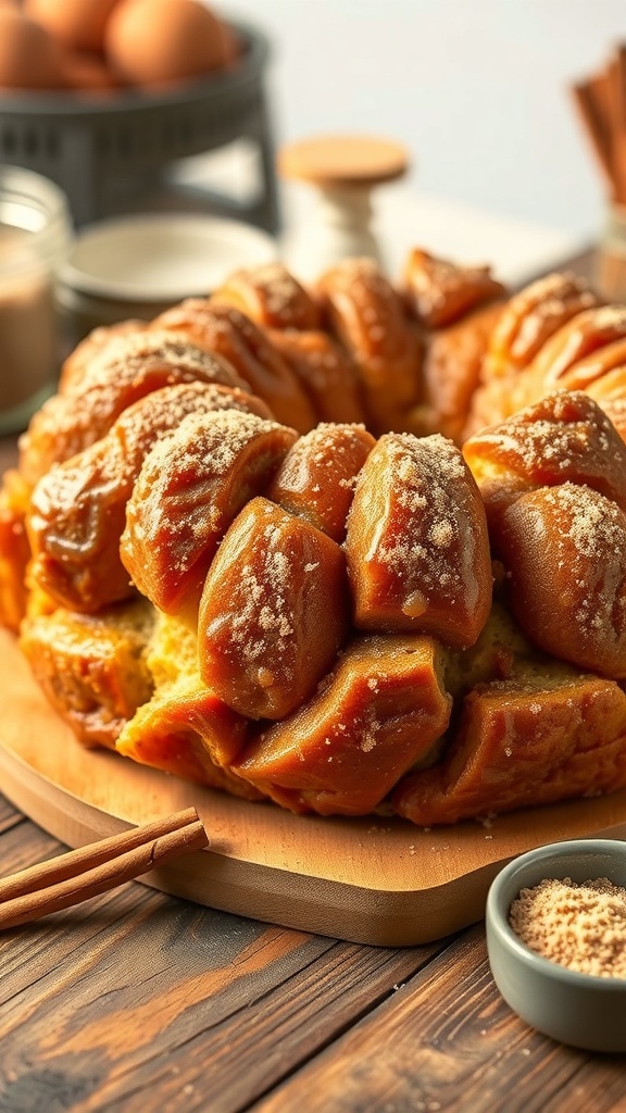 No-Yeast Monkey Bread Recipe A golden-brown monkey bread with pull-apart pieces coated in cinnamon sugar, served on a wooden table.